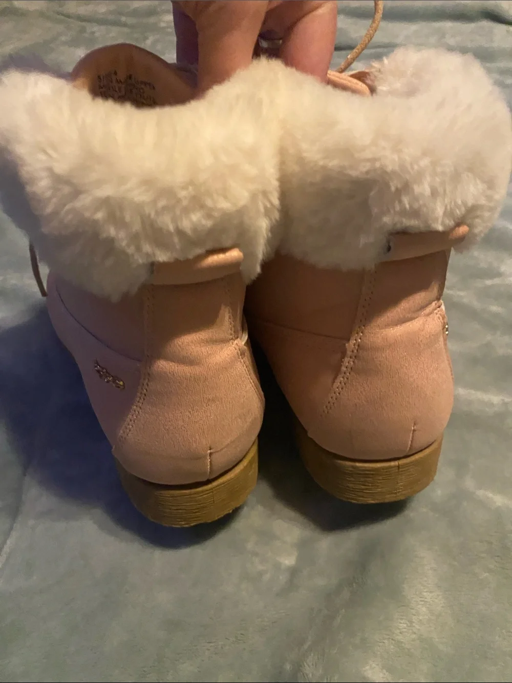 Bebe Women’s Pink Faux-Fur Lace-Up Ankle Boots